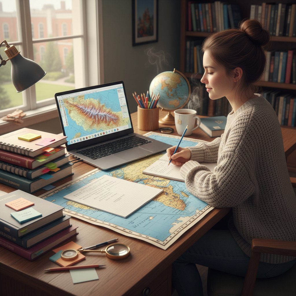 Anna podczas nauki online z geografii, uporządkowane notatki, ekran laptopa z mapą