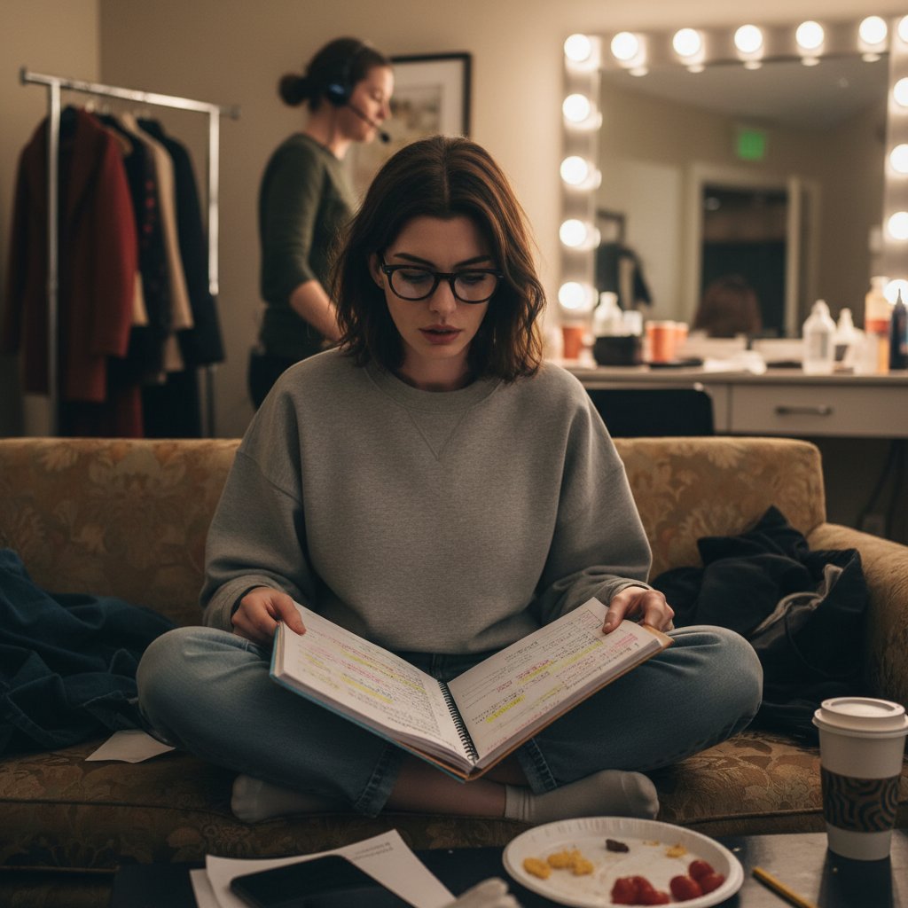 Anne Hathaway behind the scenes, studying a script and reflecting. Keywords: anne-hathaway--behind-the-scenes--script-study