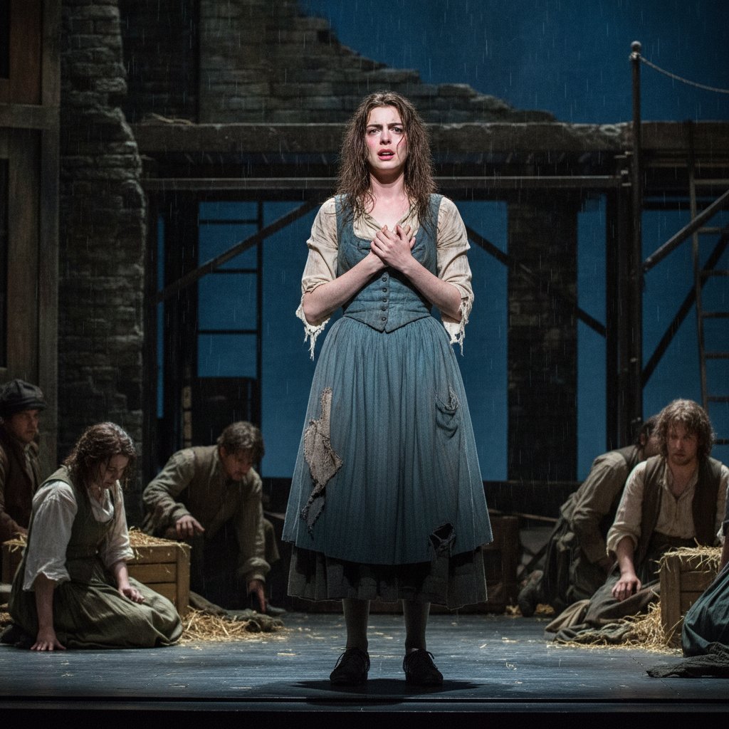 Anne Hathaway in a dramatic musical scene, spotlighted on stage. Keywords: anne-hathaway--les-miserables--stage-performance