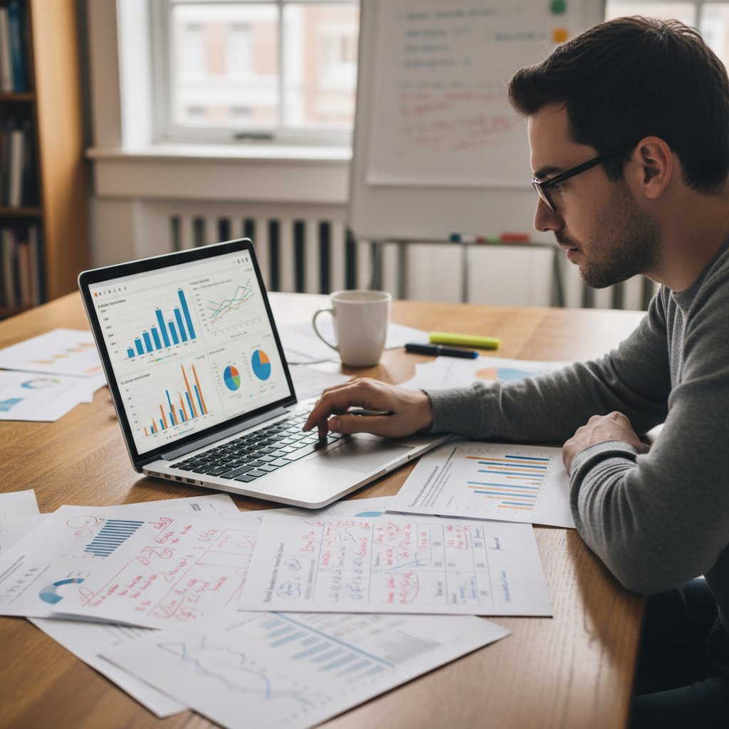 Photo showing annotated pages with highlighted methods, a laptop displaying statistical graphs, and a researcher cross-checking data