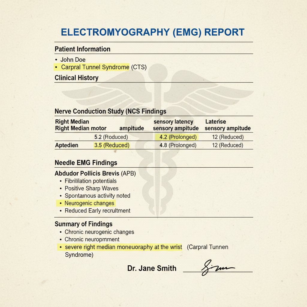 Fragment raportu EMG z zaznaczonymi terminami i kolorowym podświetleniem, przybliżenie na szczegóły