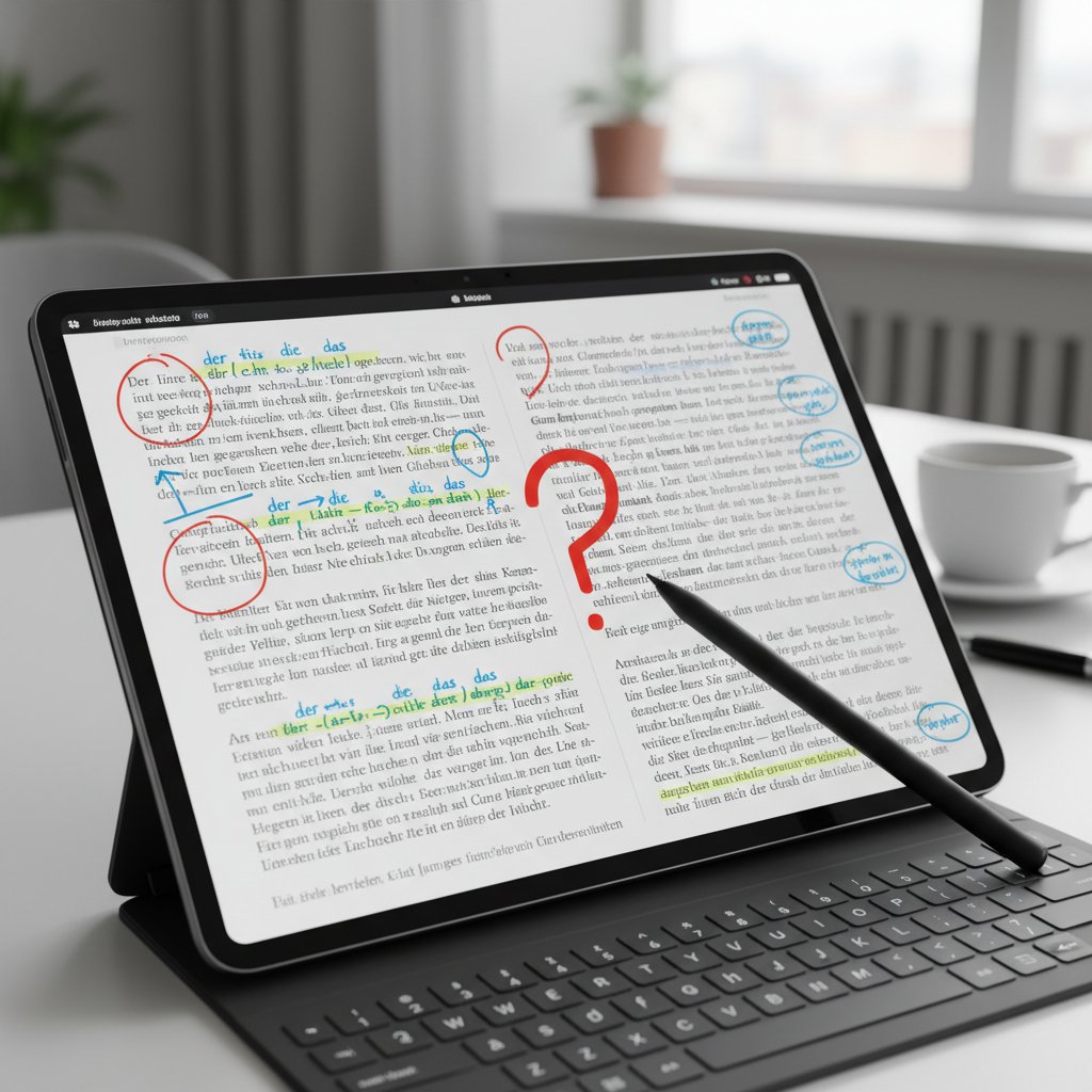 Komentarze do tekstu po niemiecku na tablecie – zbliżenie na poprawki i notatki