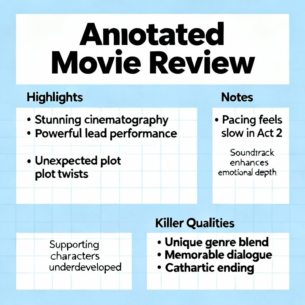 High-contrast photo of an annotated movie review with highlights and notes, showing what makes a great film review