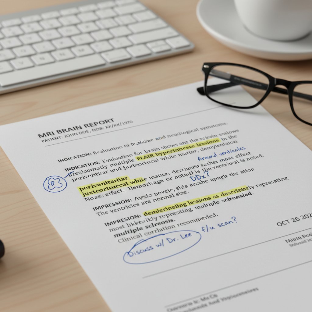 Fragment opisu MRI – kluczowe terminy zaznaczone dla lepszego zrozumienia