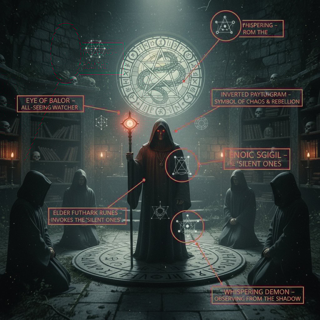 Annotated occult film scene highlighting symbols and hidden cinematic messages