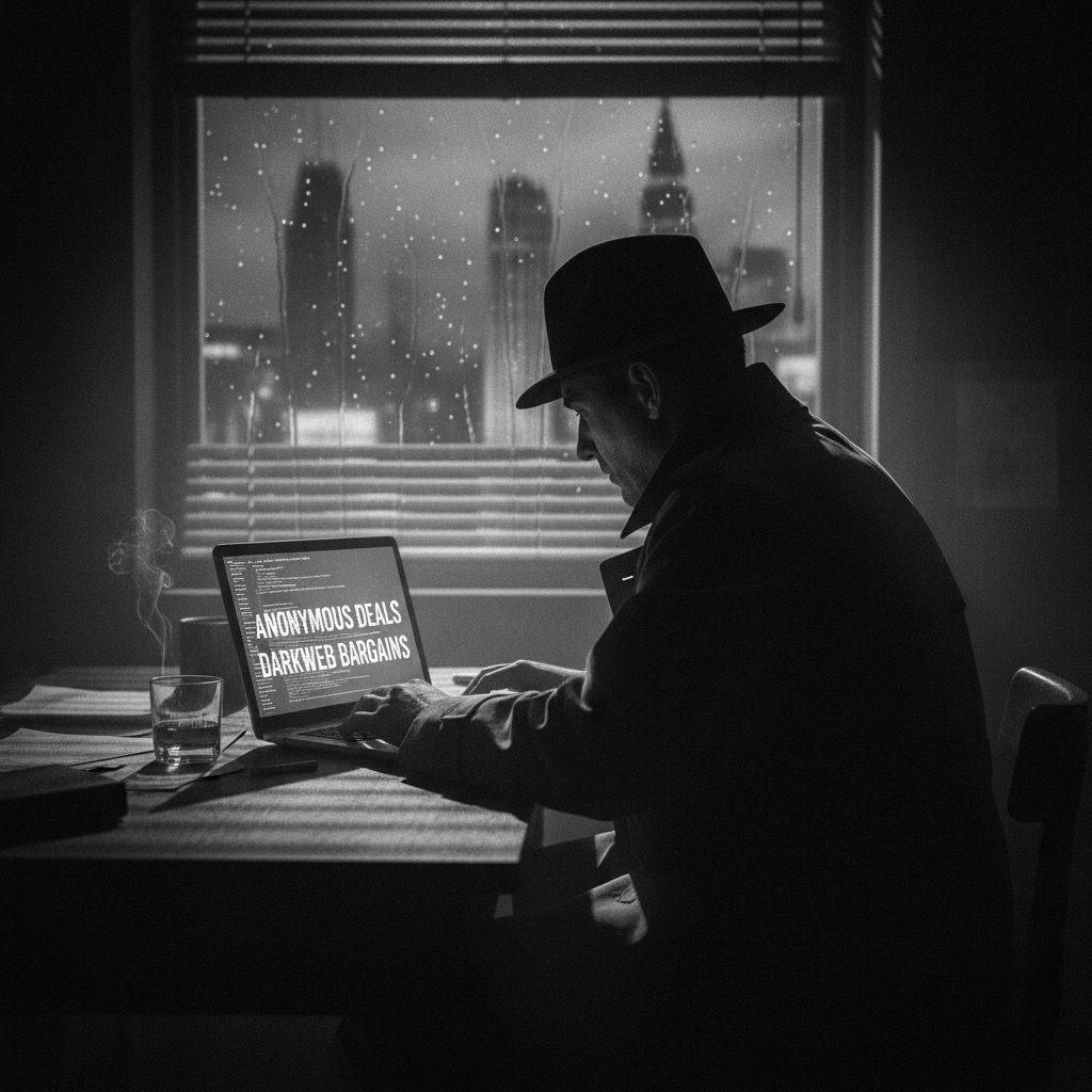 Zdjęcie w stylu noir przedstawiające anonimowy handel referencjami online, ze skupieniem na ukrytych transakcjach i atmosferze podejrzenia
