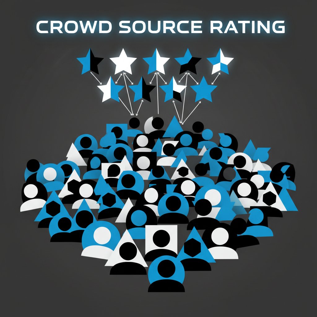 A sea of anonymous user avatars merging into a single rating star, symbolic, high-contrast