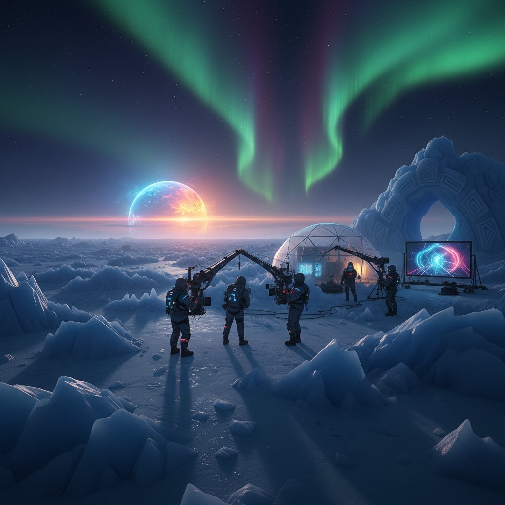 Antarctic movie scene with film crew braving an icy plateau under surreal light