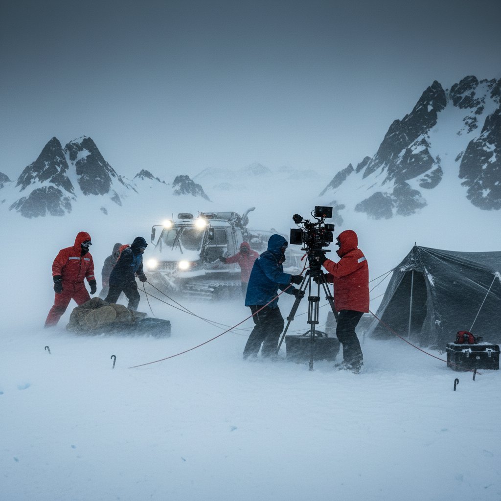Film crew battling snowstorm on Antarctic movie set