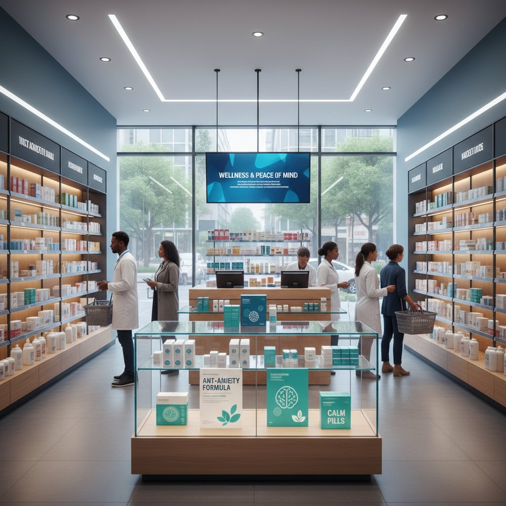 Różnorodność leków przeciwlękowych na tle nowoczesnej apteki – zdjęcie w stylu reporterskim, zawiera tabletki i butelki z lekami