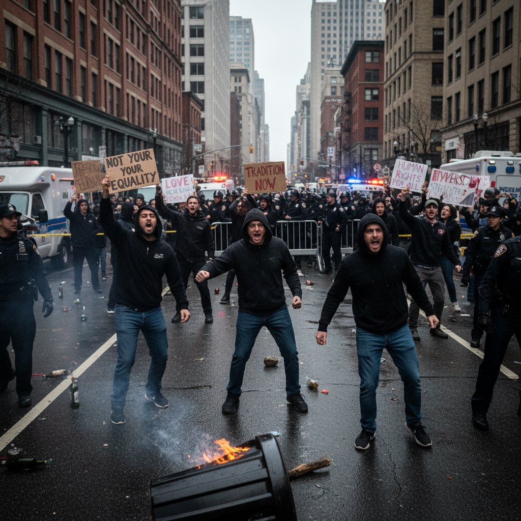 Grupa kontrmanifestantów na ulicy, plakat „Stop Gender”, napięcie społeczne