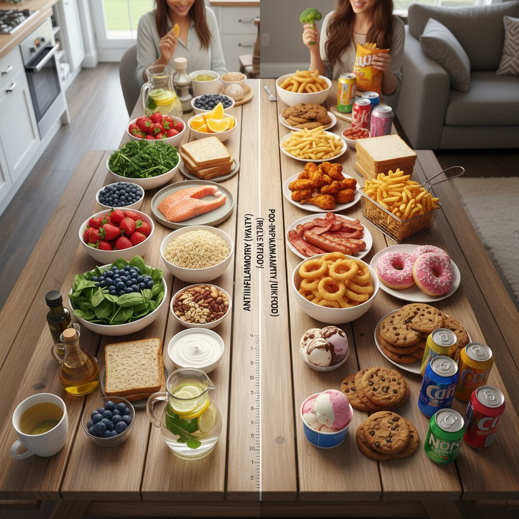 Stół z jednej strony zastawiony warzywami, z drugiej fast-foodem – dieta przeciwzapalna kontra produkty zapalne