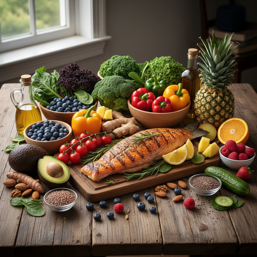 Kolorowe warzywa, owoce i ryby na jasnym stole – produkty przeciwzapalne w codziennej diecie