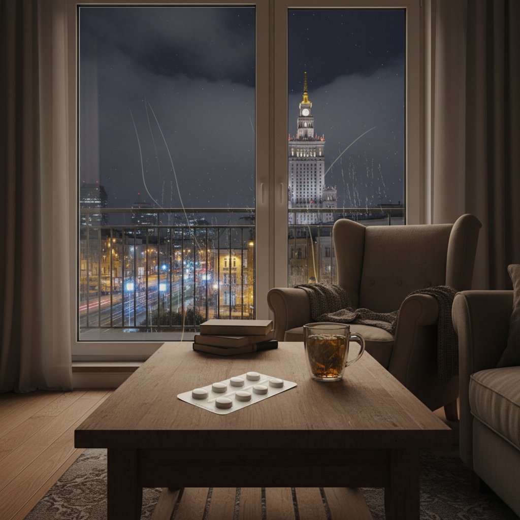 Lek na depresję na stole w zaciemnionym mieszkaniu w Warszawie, noc, światła miasta i atmosfera niepokoju