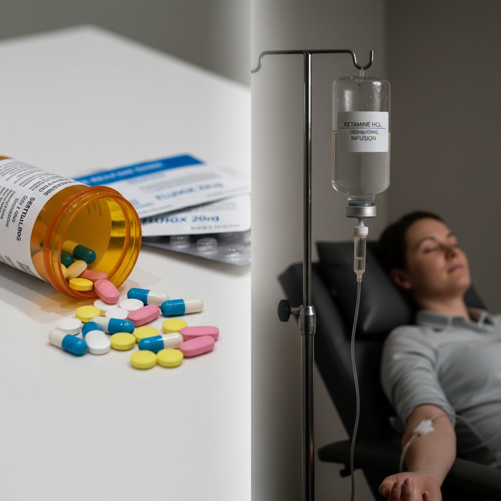 Porównanie tabletek antydepresyjnych i wlewu ketaminy na zdjęciu typu split-screen