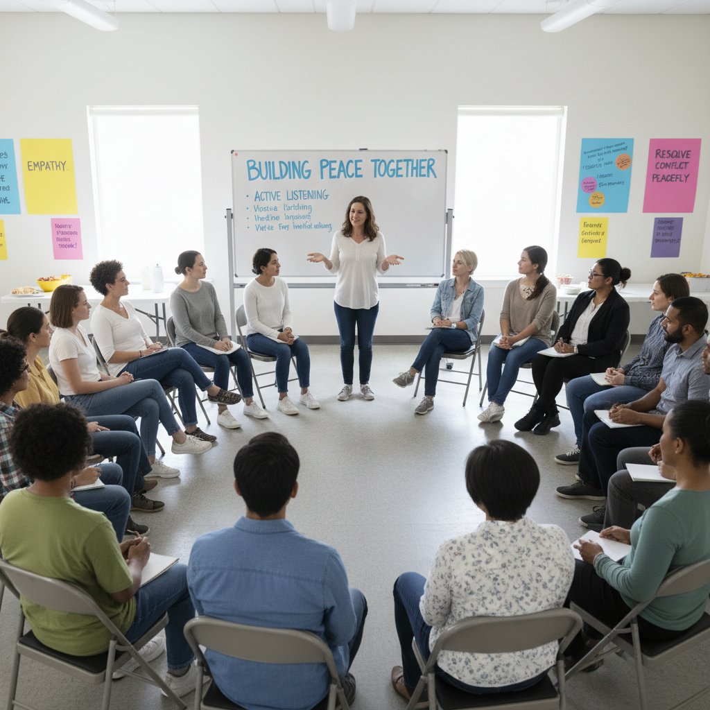 Grupa osób podczas warsztatów z edukacji antyprzemocowej