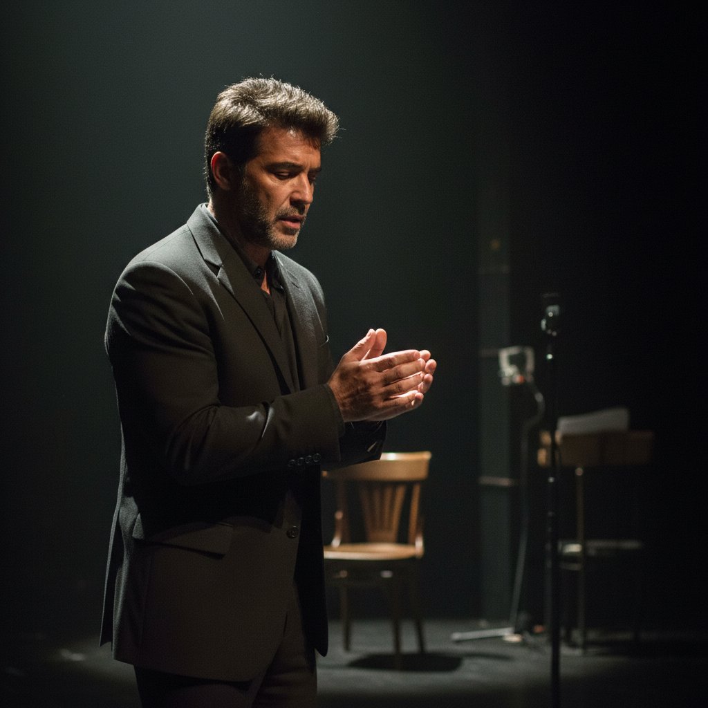 Behind-the-scenes photo, Antonio Banderas rehearsing intense scene alone, chiaroscuro lighting, intense focus