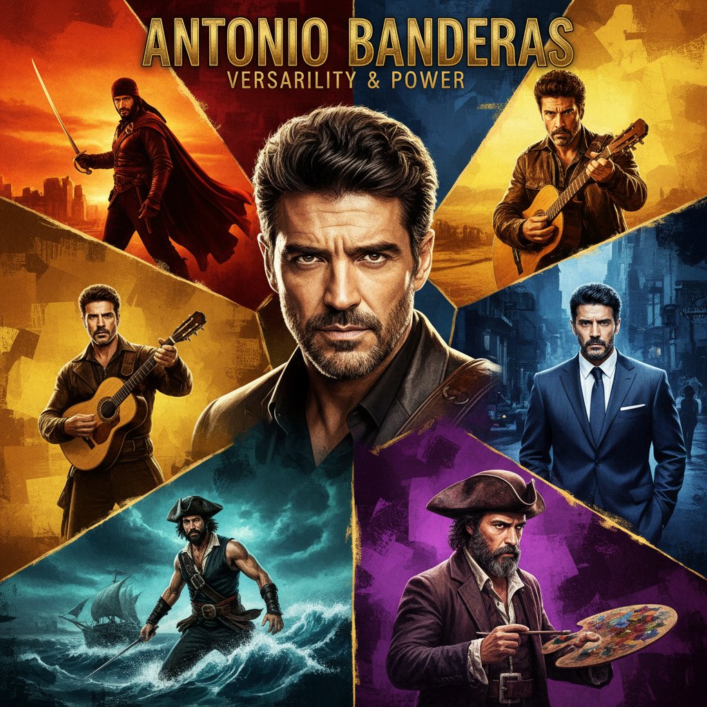 Collage-style photo, Antonio Banderas in diverse roles, bold backgrounds illustrating multiple facets of masculinity
