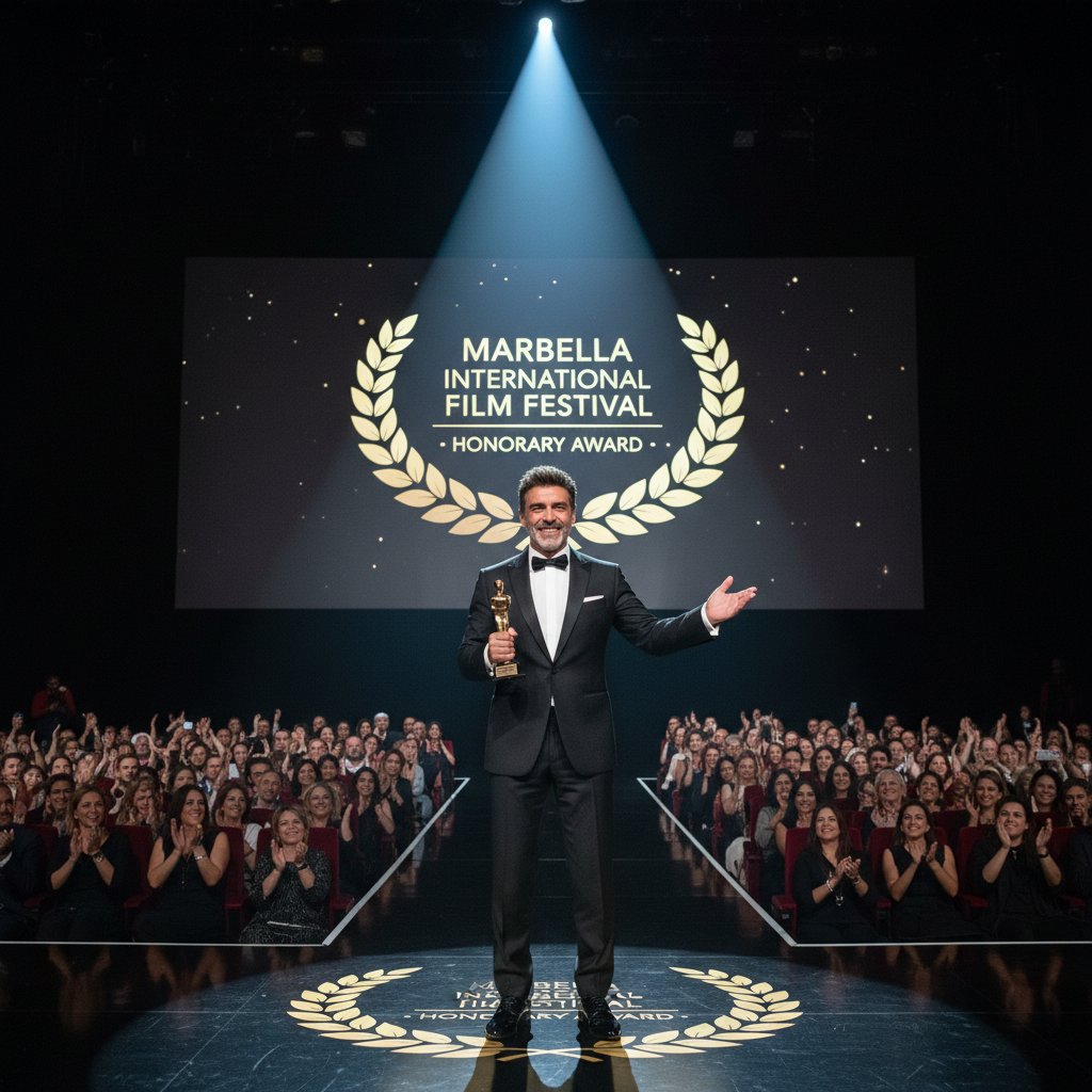 Film festival stage, Banderas accepting award, spotlight on expressive face, crowd applauding