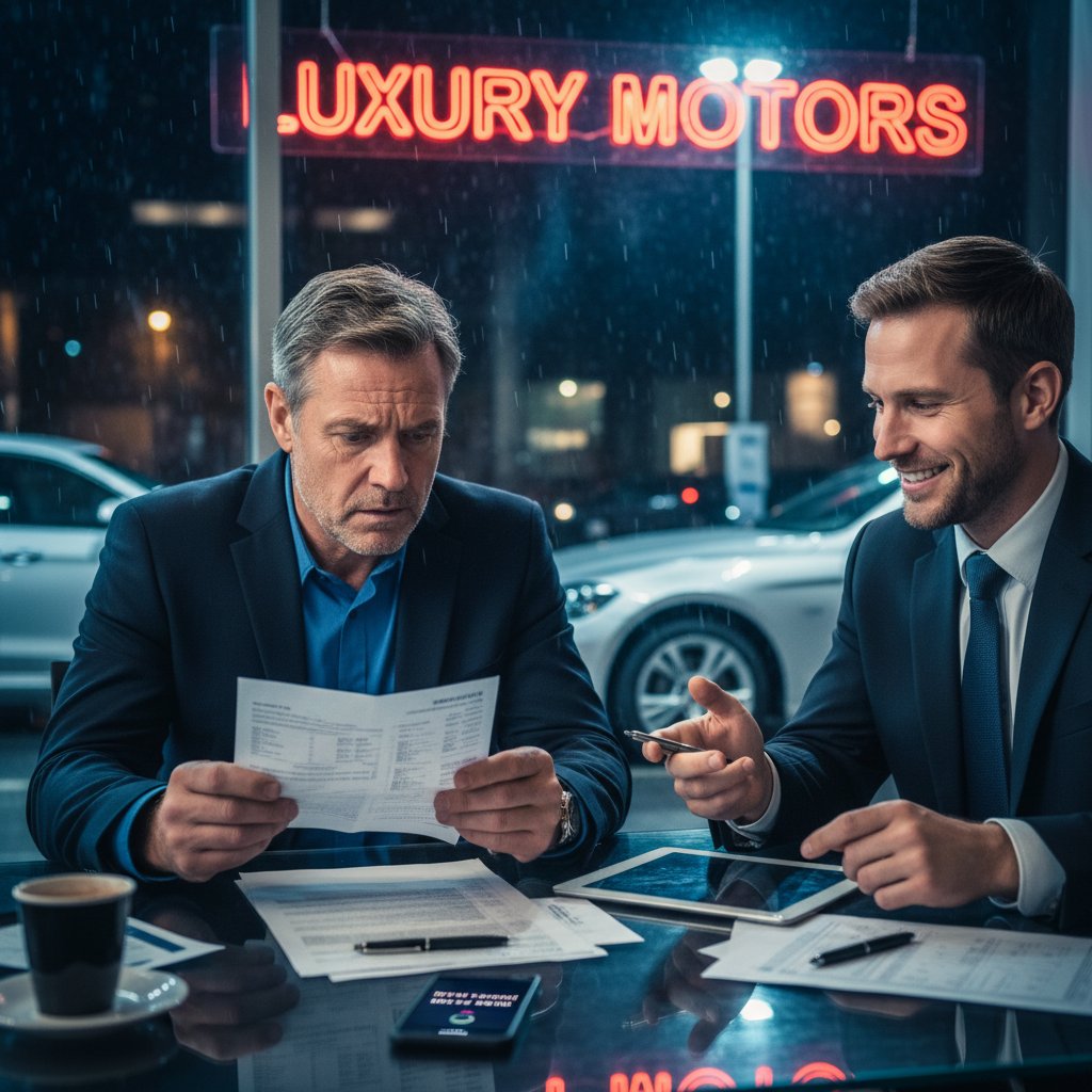 Anxious car buyer's face reflected in car window under harsh dealership lights, capturing the tension of used car negotiation