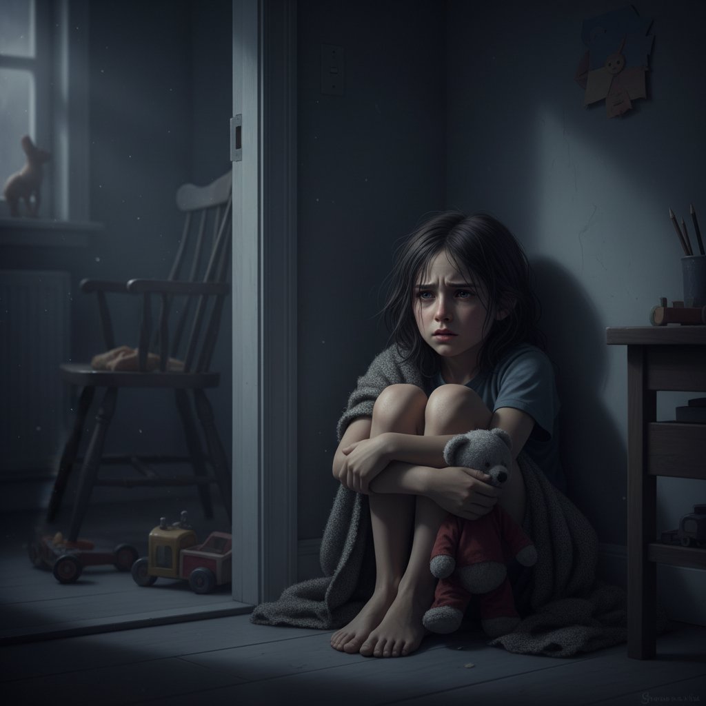 Dziecko z lękiem siedzące w przyciemnionym pokoju, wyraźnie zmartwione – słowa kluczowe: zaburzenia lękowe u dzieci, niepokój