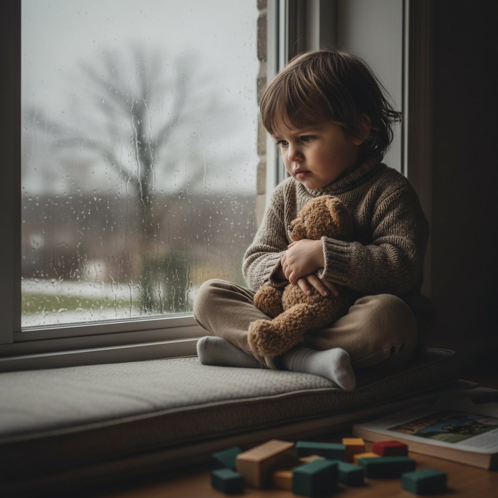 Dziecko zamyślone, patrzące przez okno, z niepokojem na twarzy – zaburzenia lękowe u dzieci, objawy