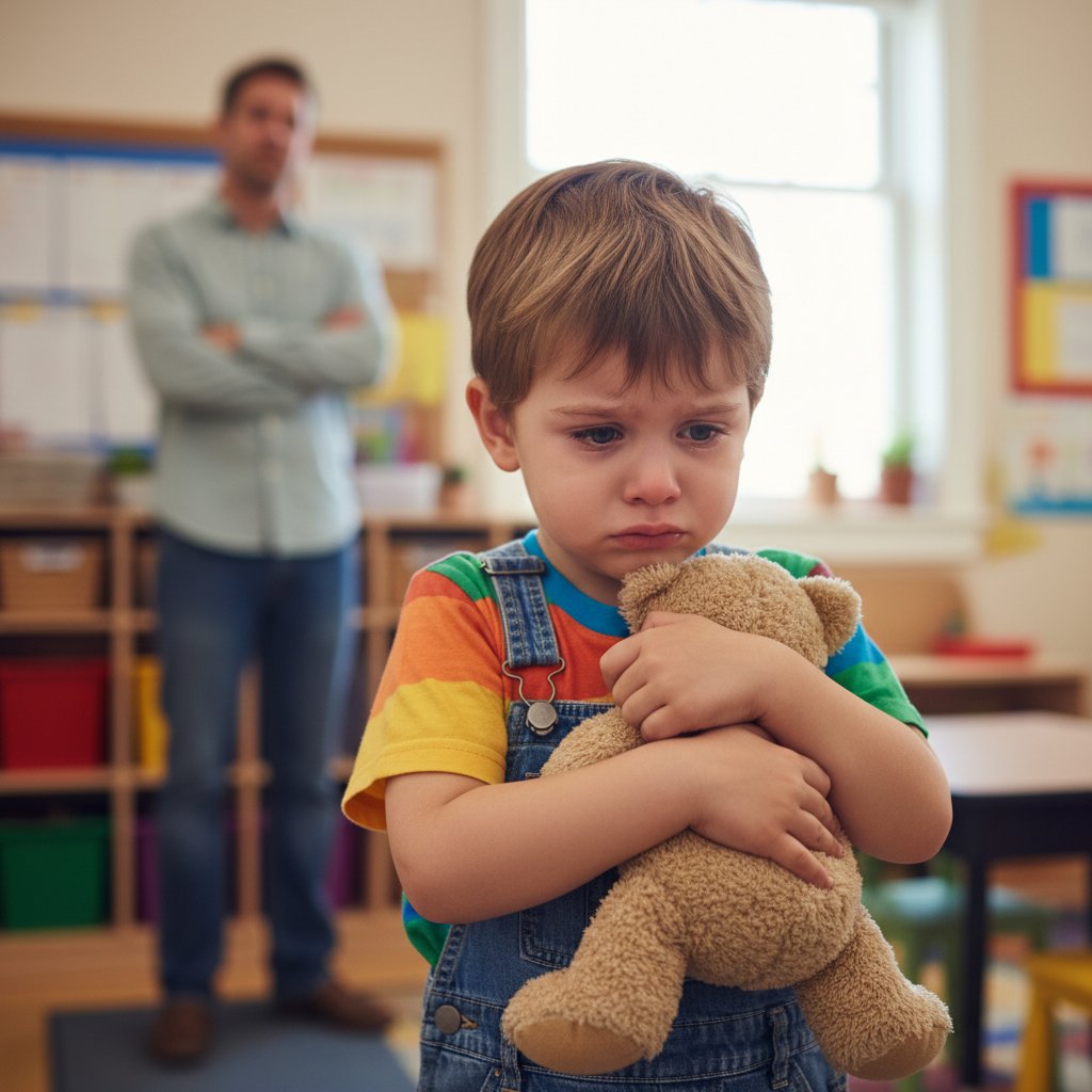 Dziecko z wyraźnym niepokojem na twarzy w szatni przedszkolnej, rodzic w tle