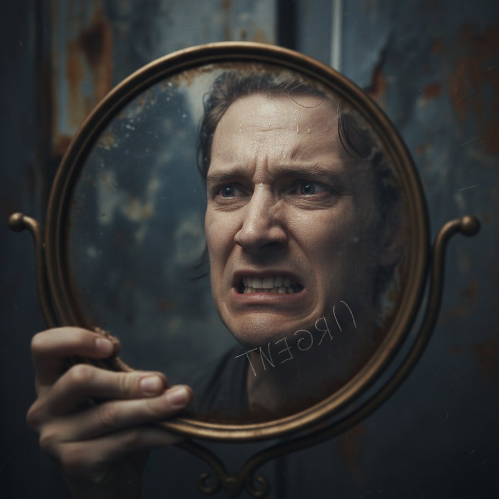 Zbliżenie na zaniepokojoną twarz odbijającą się w lustrze – emocje i presja związane z bólem gardła