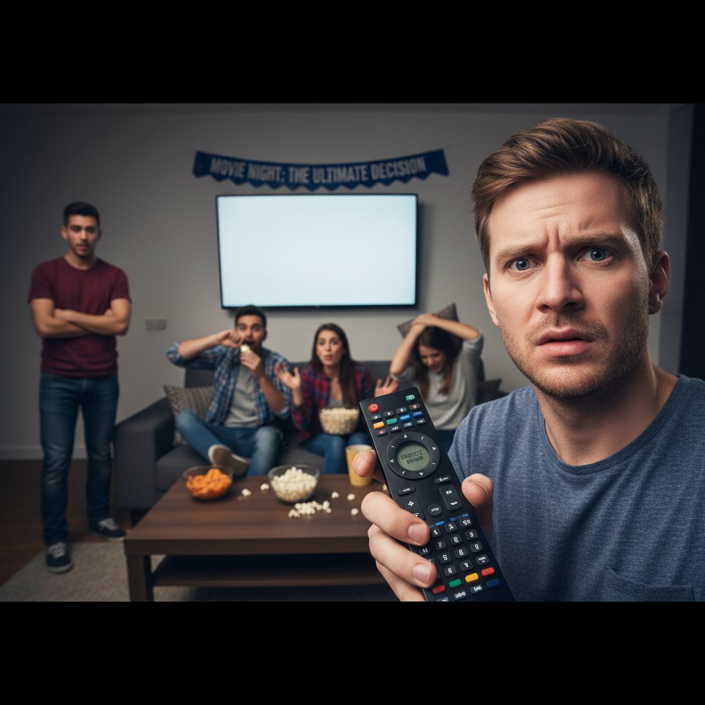 Close-up of anxious friend holding remote, friends’ faces in background, social risk of picking a movie