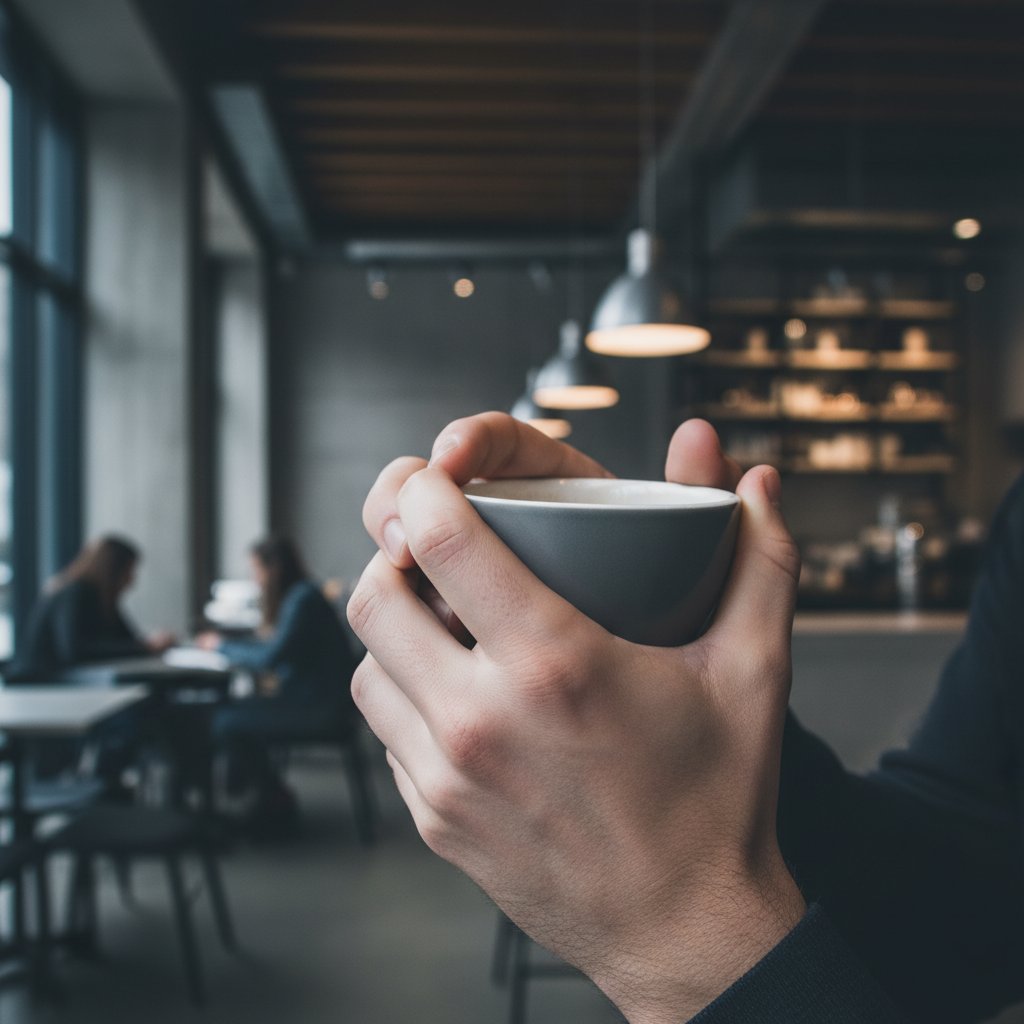 Zestresowane dłonie przed ważną rozmową z kubkiem kawy, napięta atmosfera, kawiarnia, wysokokontrastowe zdjęcie