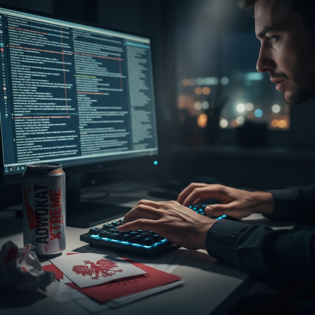 Zestresowane dłonie na klawiaturze, kodeksy prawnicze, napój energetyczny, egzamin radcowski online