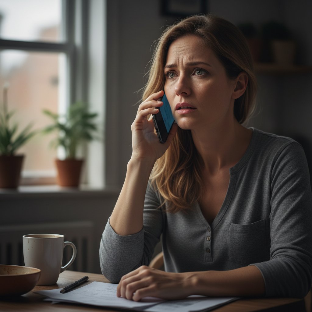 Matka patrząca z niepokojem na telefon, oczekująca na wyniki badań dziecka