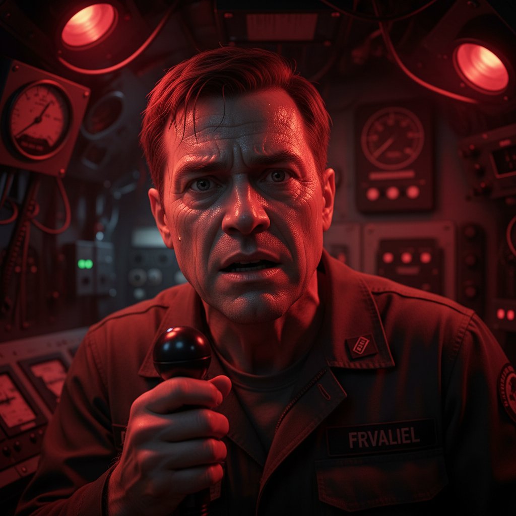 Anxious officer under red lights, sweating, psychological submarine movie