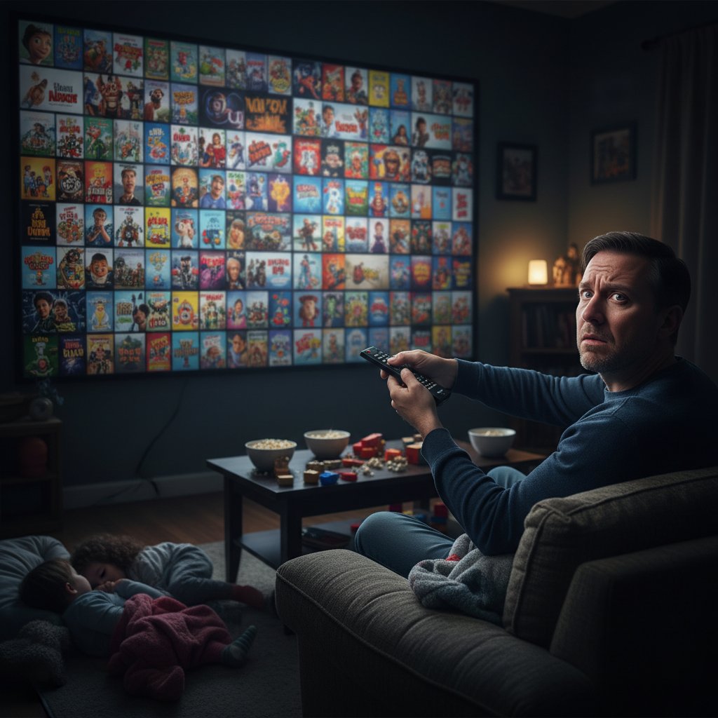 Anxious parent holding remote in a dim living room, endless kids movie tiles glowing on TV screen, tension visible in their posture