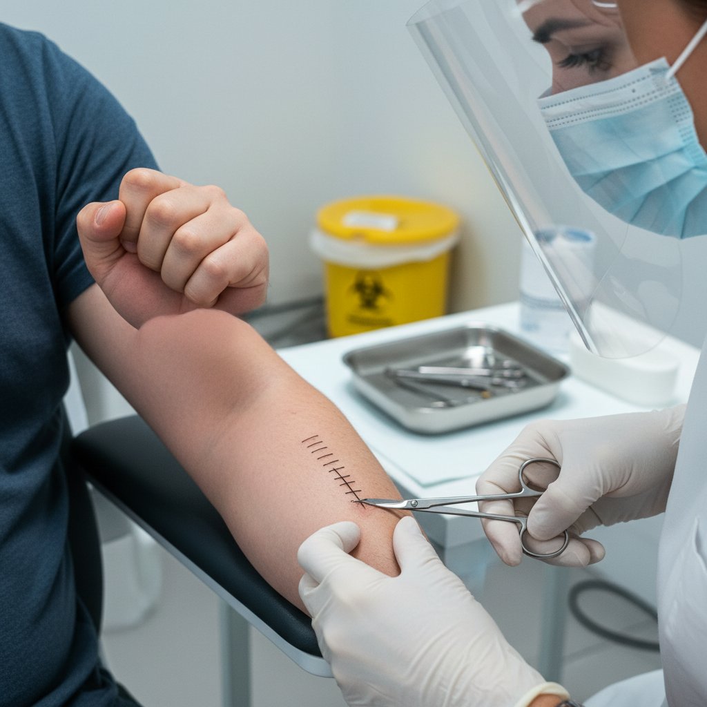 Zdenerwowany pacjent siedzi na łóżku szpitalnym, ściskając dłonie, przed usunięciem szwów