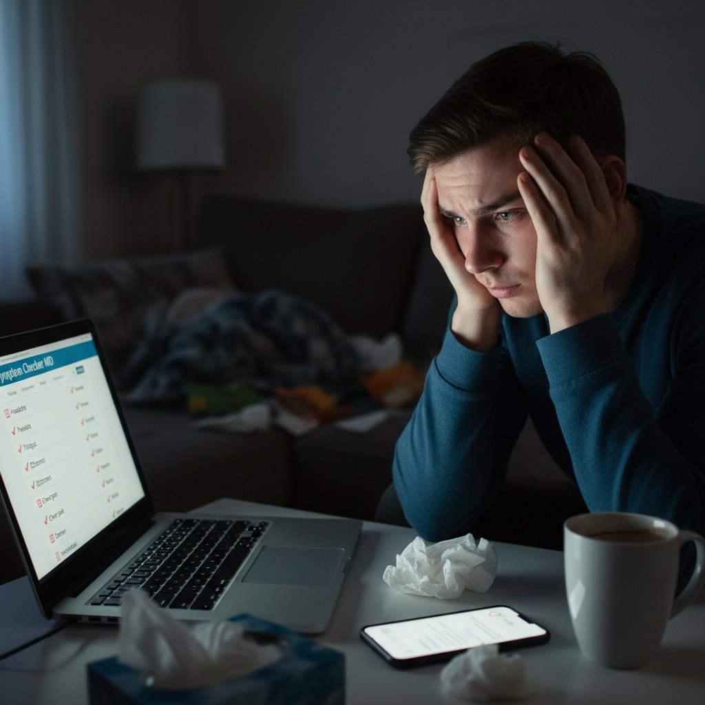Osoba zaniepokojona analizująca wyniki symptom checkera na laptopie