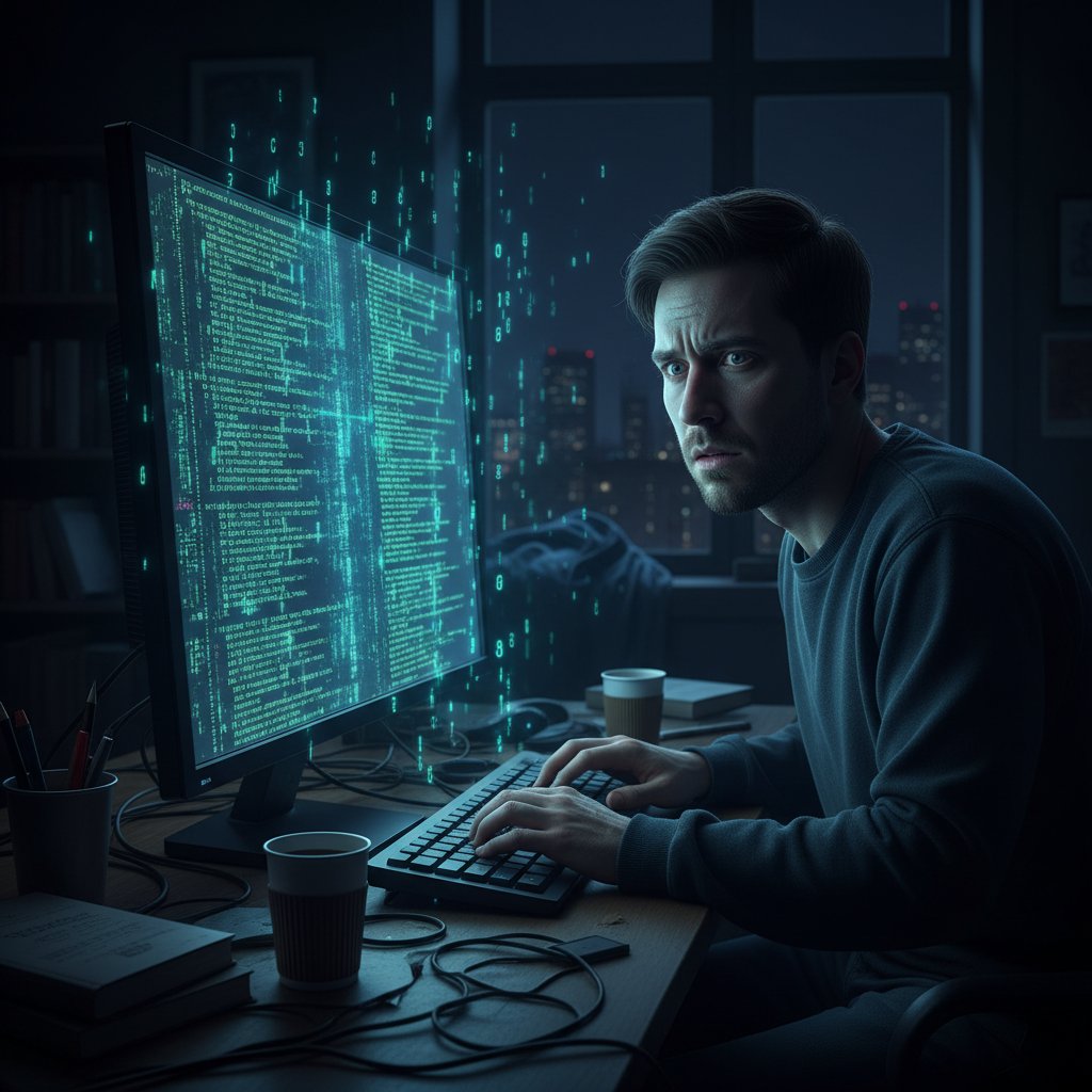 Osoba zestresowana patrzy na ekran w środku nocy – technostres i ChatGPT