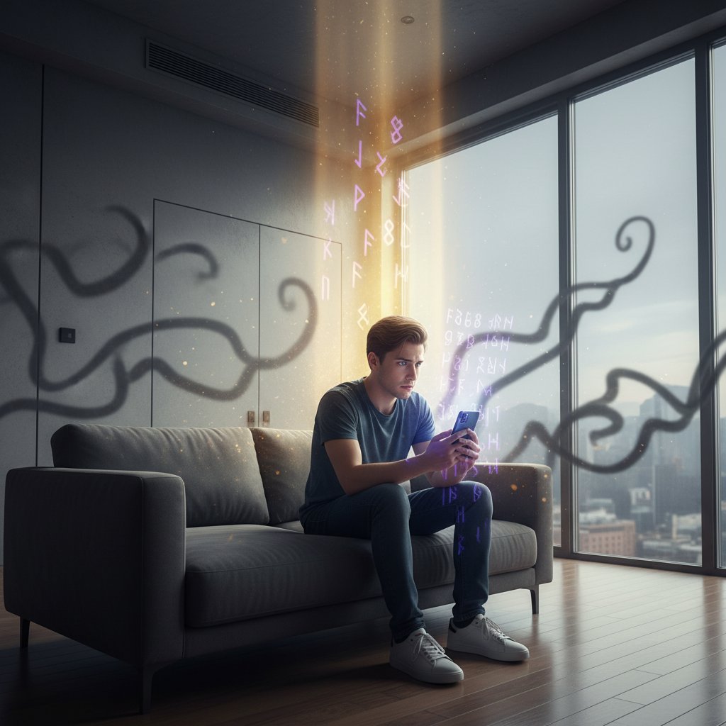 Osoba z niepokojem sprawdza przepowiednię na smartfonie w polskim mieszkaniu