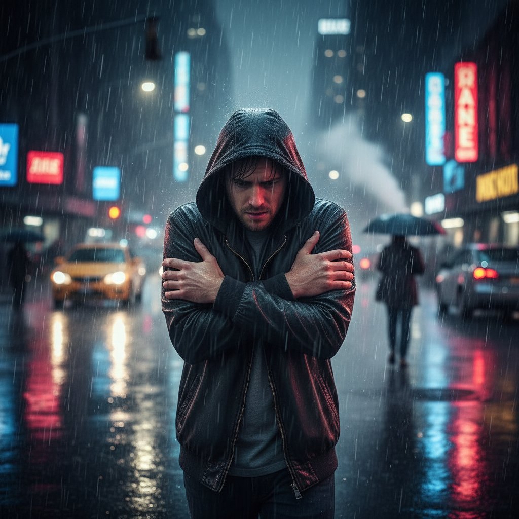 Osoba rozmawiająca przez telefon w deszczu na tle nocnego miasta, wyraz twarzy pełen niepokoju, natychmiastowe wsparcie prawne