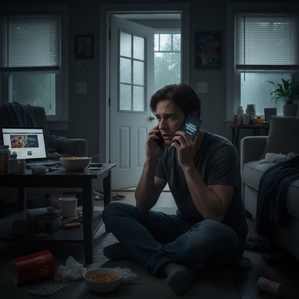 Zaniepokojona osoba odkłada smartfon i wybiera numer alarmowy, domowa scena