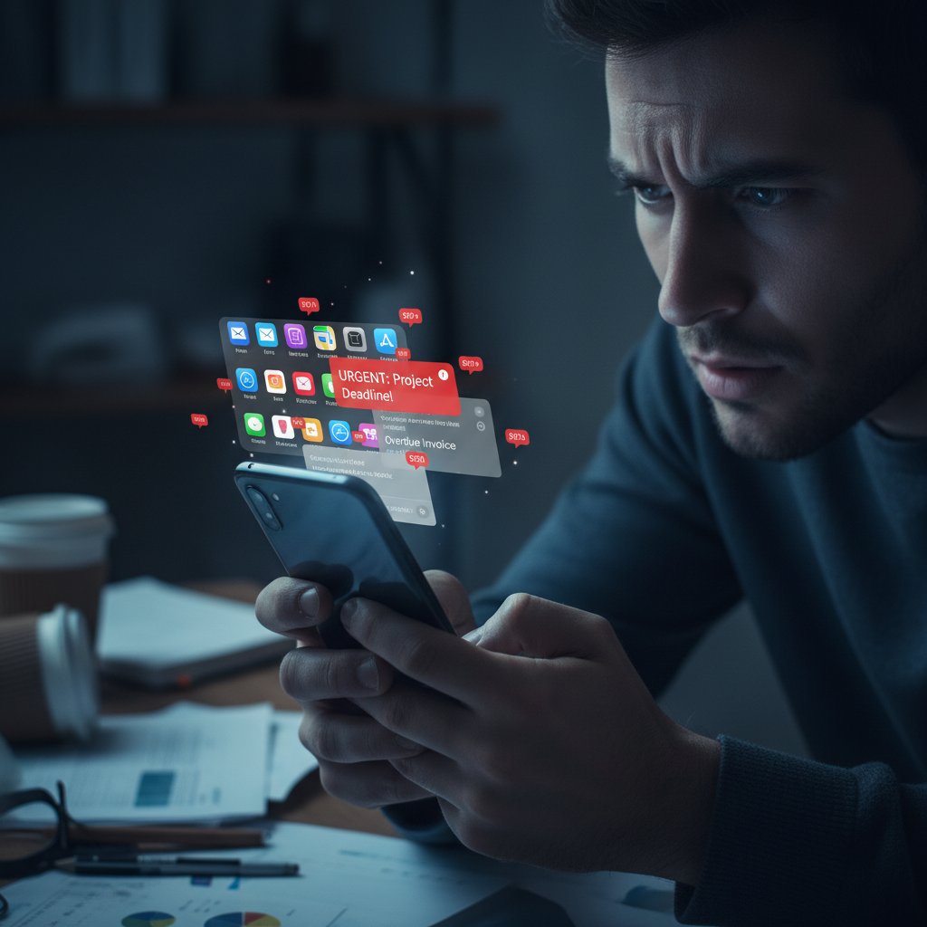 Osoba patrząca z niepokojem na telefon, ekran z kilkoma powiadomieniami email