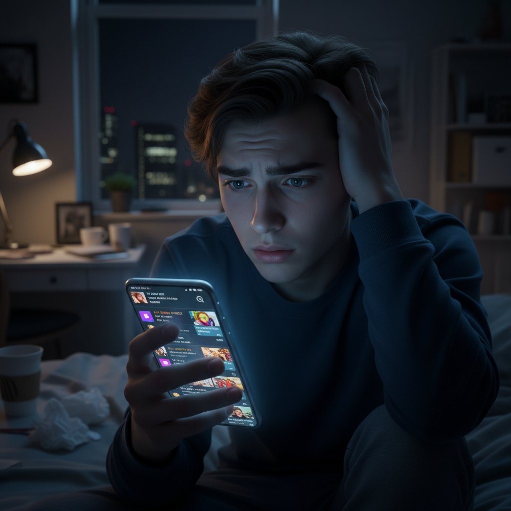 Osoba z FOMO przeglądająca media społecznościowe w nocy, napięcie i niepokój