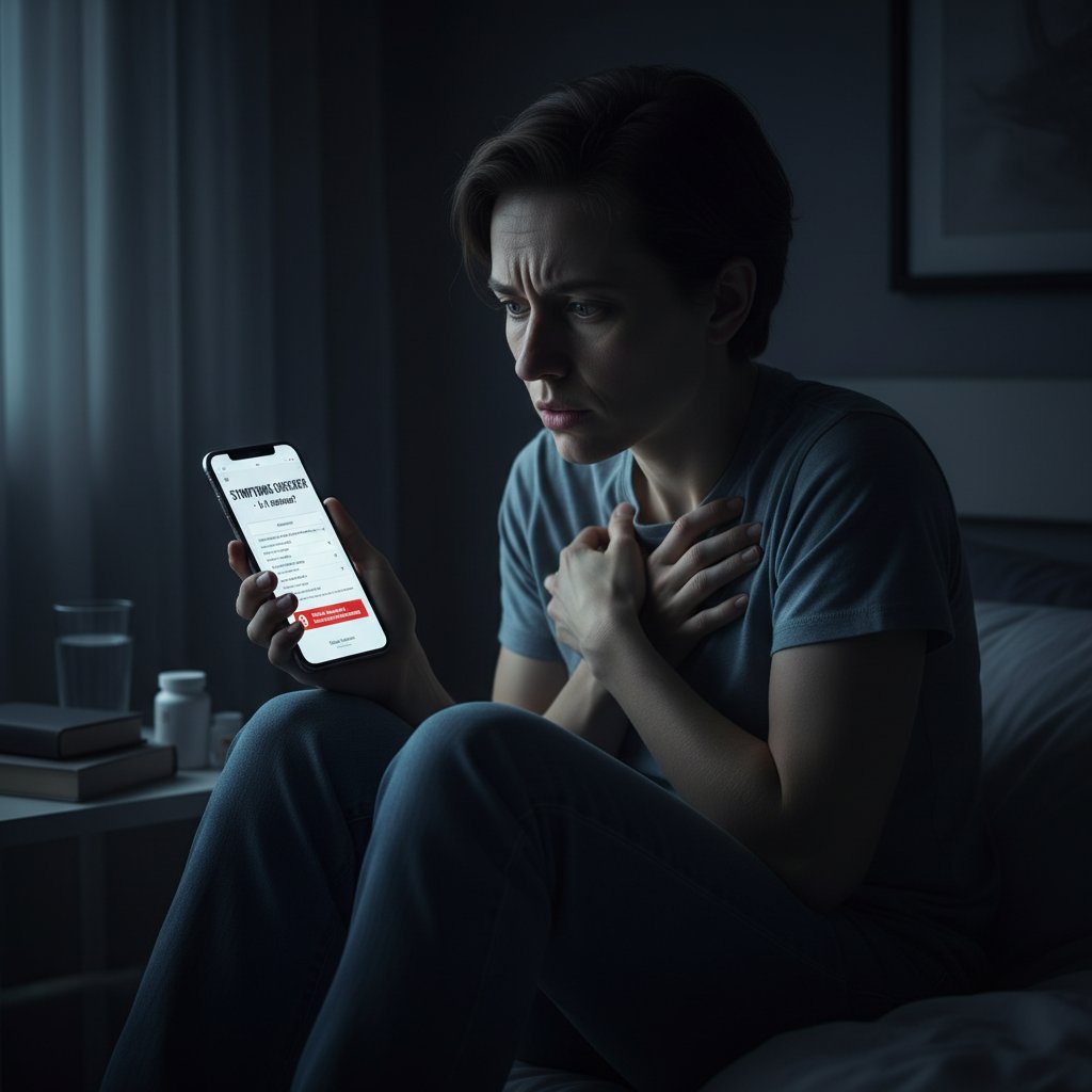 Osoba patrząca w ekran smartfona z niepokojem, ciemny pokój, tło rozmazane