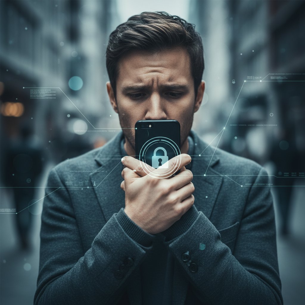 Osoba z niepokojem patrząca na ekran smartfona, symbol niepewności prywatności w sieci