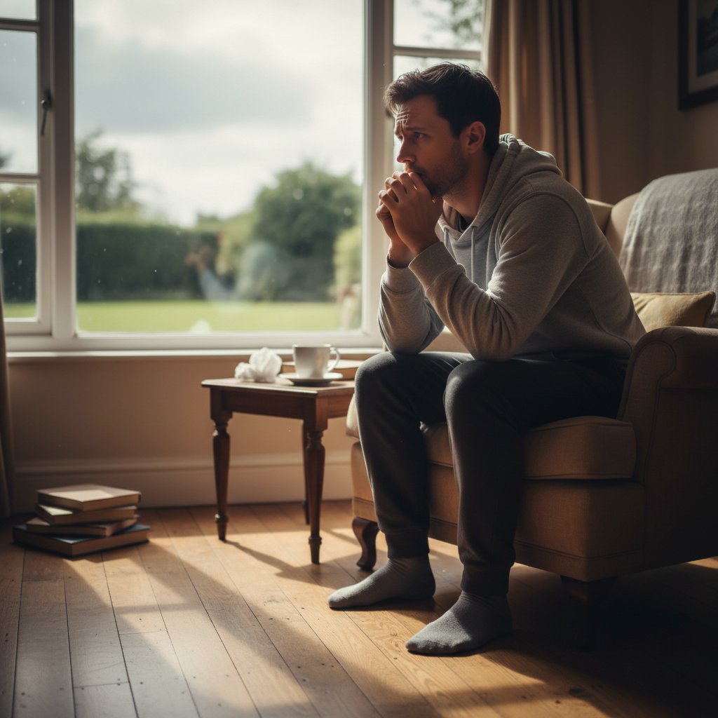 Osoba patrzy z niepokojem na własne dłonie, siedzi zamyślona przy stole, otoczenie domowe, światło dzienne
