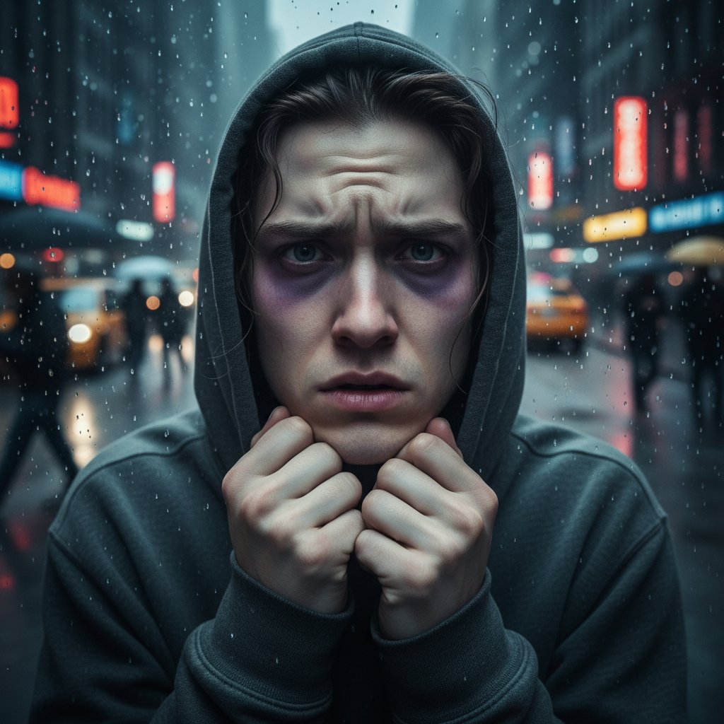 Twarz osoby z wyraźnie zmartwionym wyrazem, cienie pod oczami, ręce na czole, ilustracja psychicznego napięcia