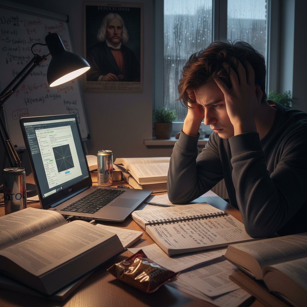 Zestresowany polski uczeń przed laptopem z notatkami z fizyki statystycznej online
