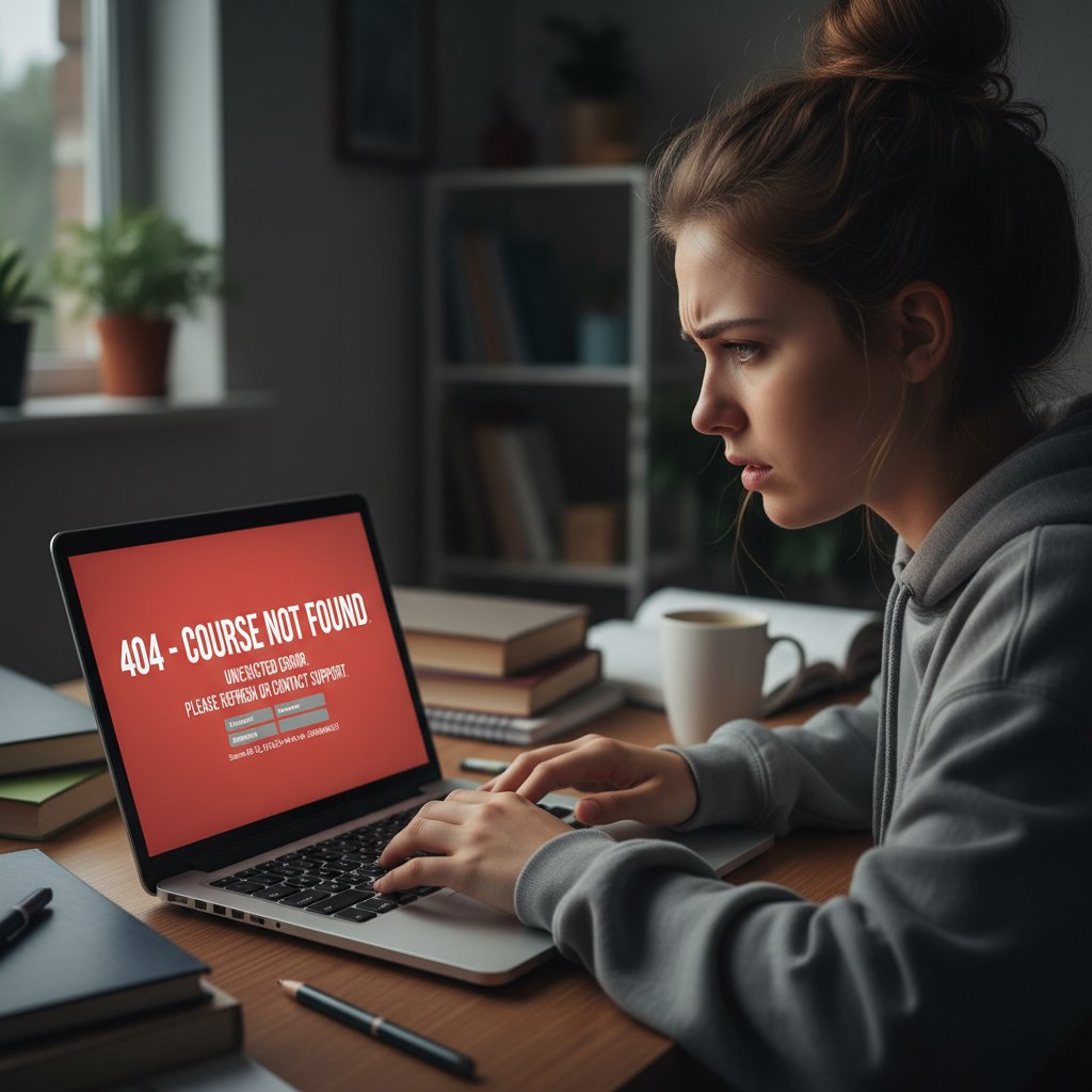 Osoba patrzy z niepokojem na ekran laptopa, na którym pojawia się komunikat o błędzie platformy edukacyjnej
