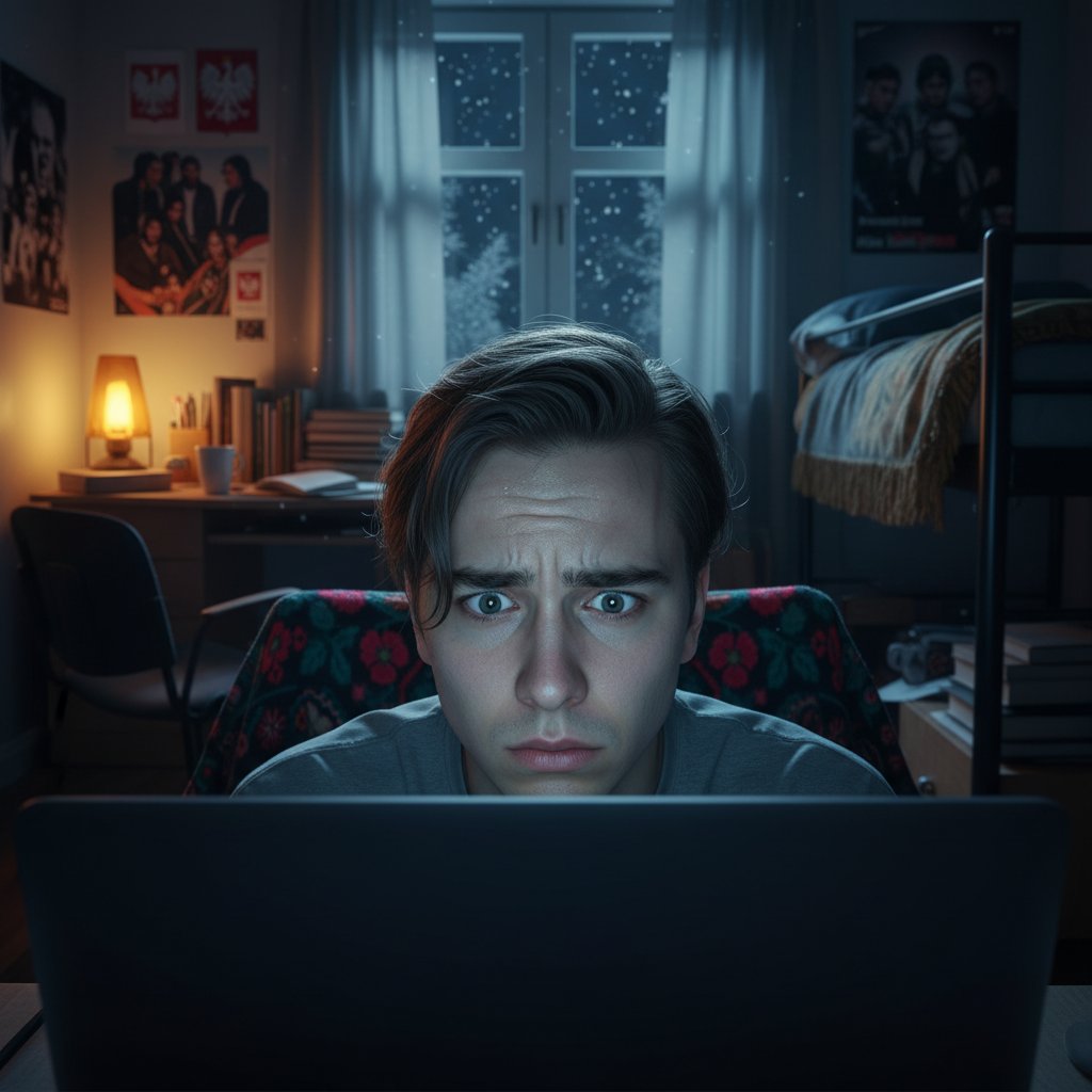 Zbliżenie na zaniepokojoną twarz ucznia oświetloną światłem laptopa – presja psychologiczna nauki online