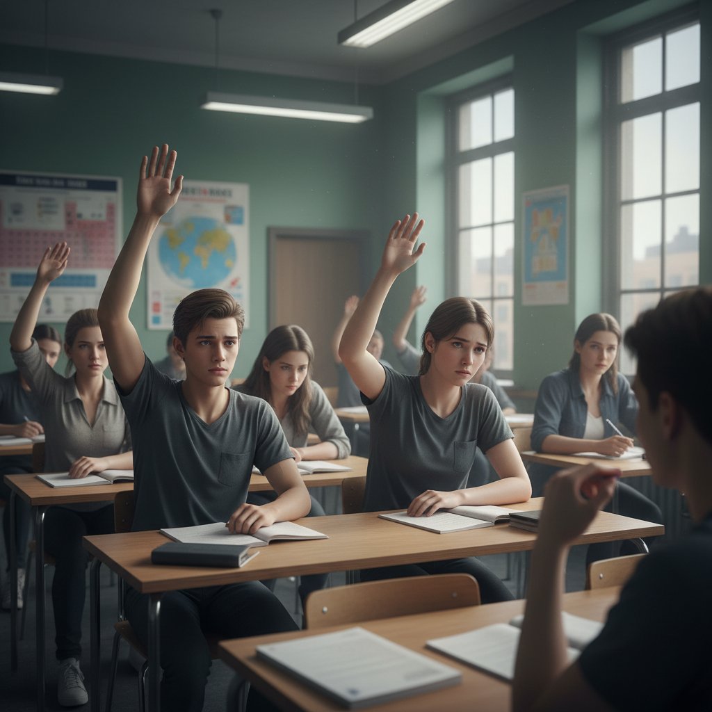 Studenci niepewni przed zadaniem trudnego pytania w klasie, obraz oddaje lęk i odizolowanie.